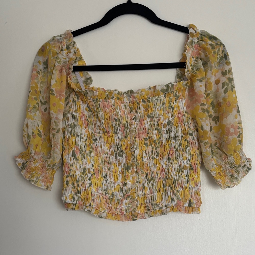 Astr Yellow and Green Floral Smocked Blouse